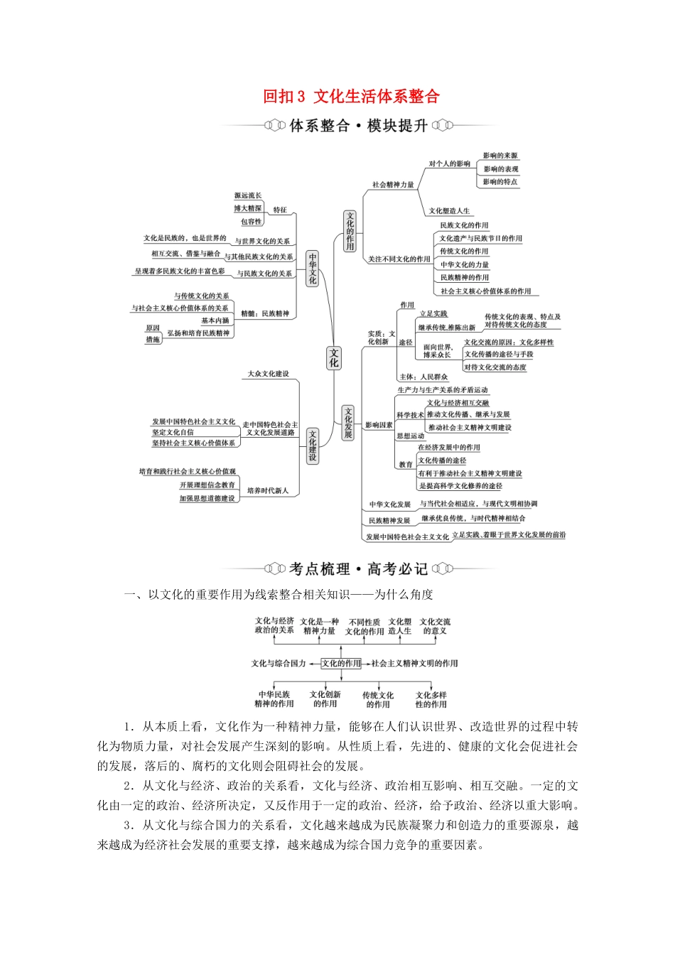 （山东专用）2021高考政治二轮复习 第2部分 专项技能突破4 4大知识体系回扣 回扣3 文化生活体系整合学案-人教版高三全册政治学案_第1页