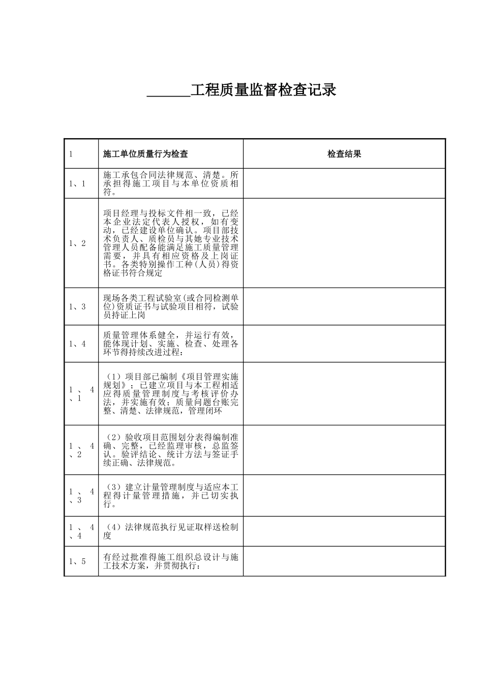 水利工程质量监督检查记录表汇总表_第1页
