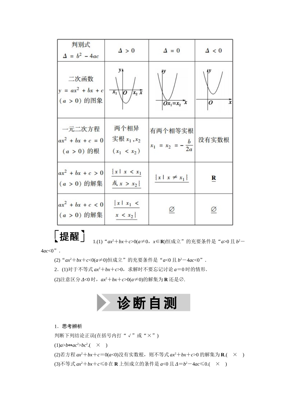 （山东专用）2021新高考数学一轮复习 第六章 不等式 6.2 一元二次不等式及其解法学案（含解析）-人教版高三全册数学学案_第2页