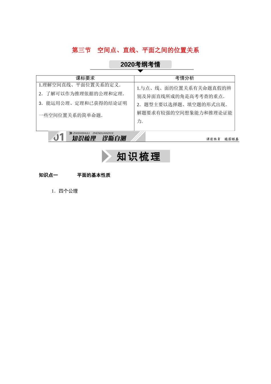 （山东专用）2021新高考数学一轮复习 第七章 立体几何 7.3 空间点、直线、平面之间的位置关系学案（含解析）-人教版高三全册数学学案_第1页