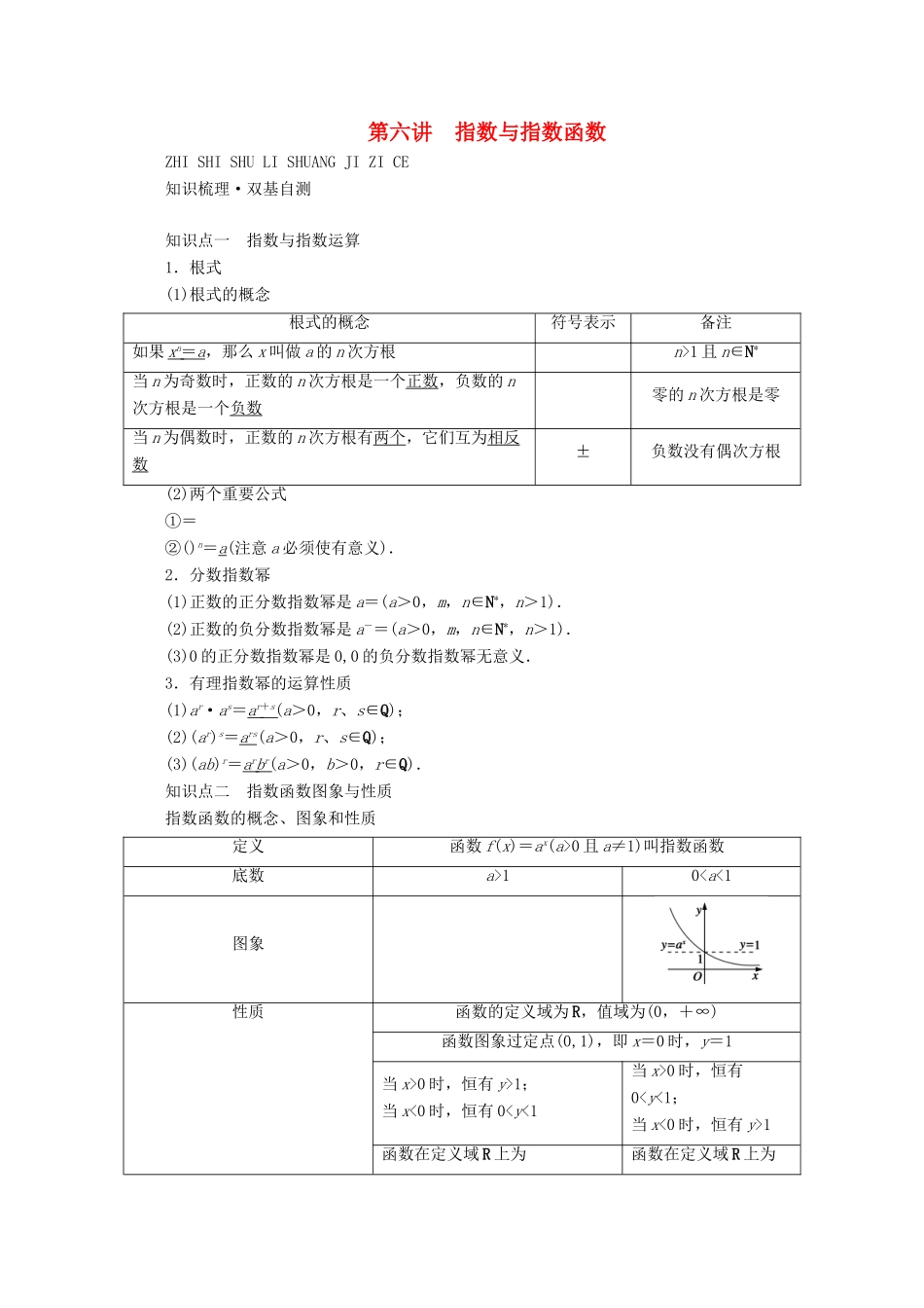 （山东专用）版高考数学一轮复习 第二章 函数、导数及其应用 第六讲 指数与指数函数学案（含解析）-人教版高三全册数学学案_第1页