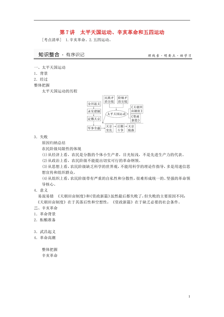 （名师点解 史地政）2014高考历史一轮 第7讲 太平天国运动、辛亥革命与五四运动教案_第1页