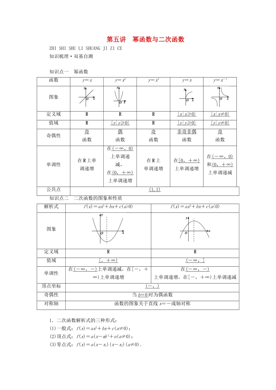 （山东专用）版高考数学一轮复习 第二章 函数、导数及其应用 第五讲 幂函数与二次函数学案（含解析）-人教版高三全册数学学案_第1页