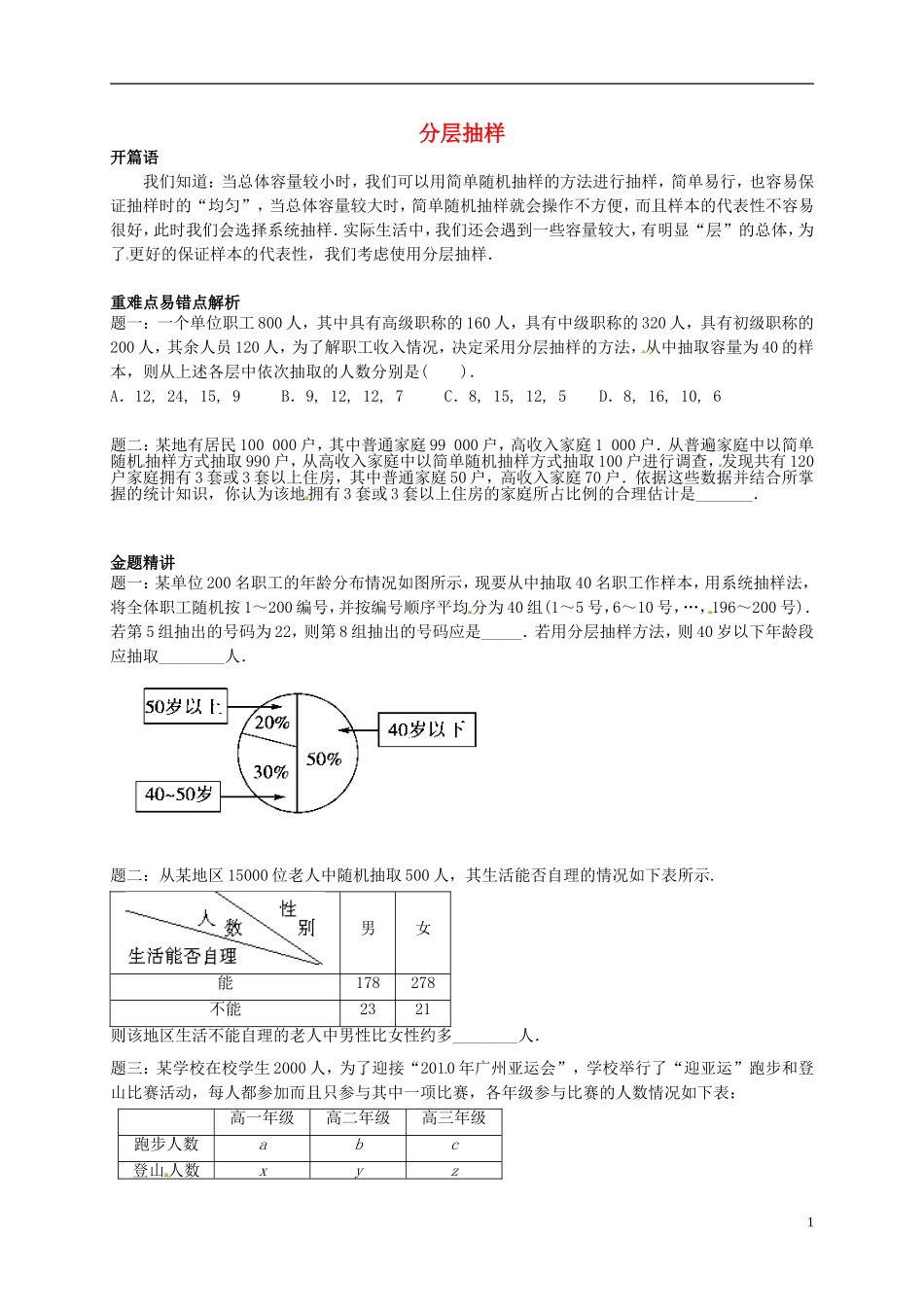 （同步复习精讲辅导）北京市2014-2015学年高中数学 分层抽样讲义 新人教A版必修3_第1页