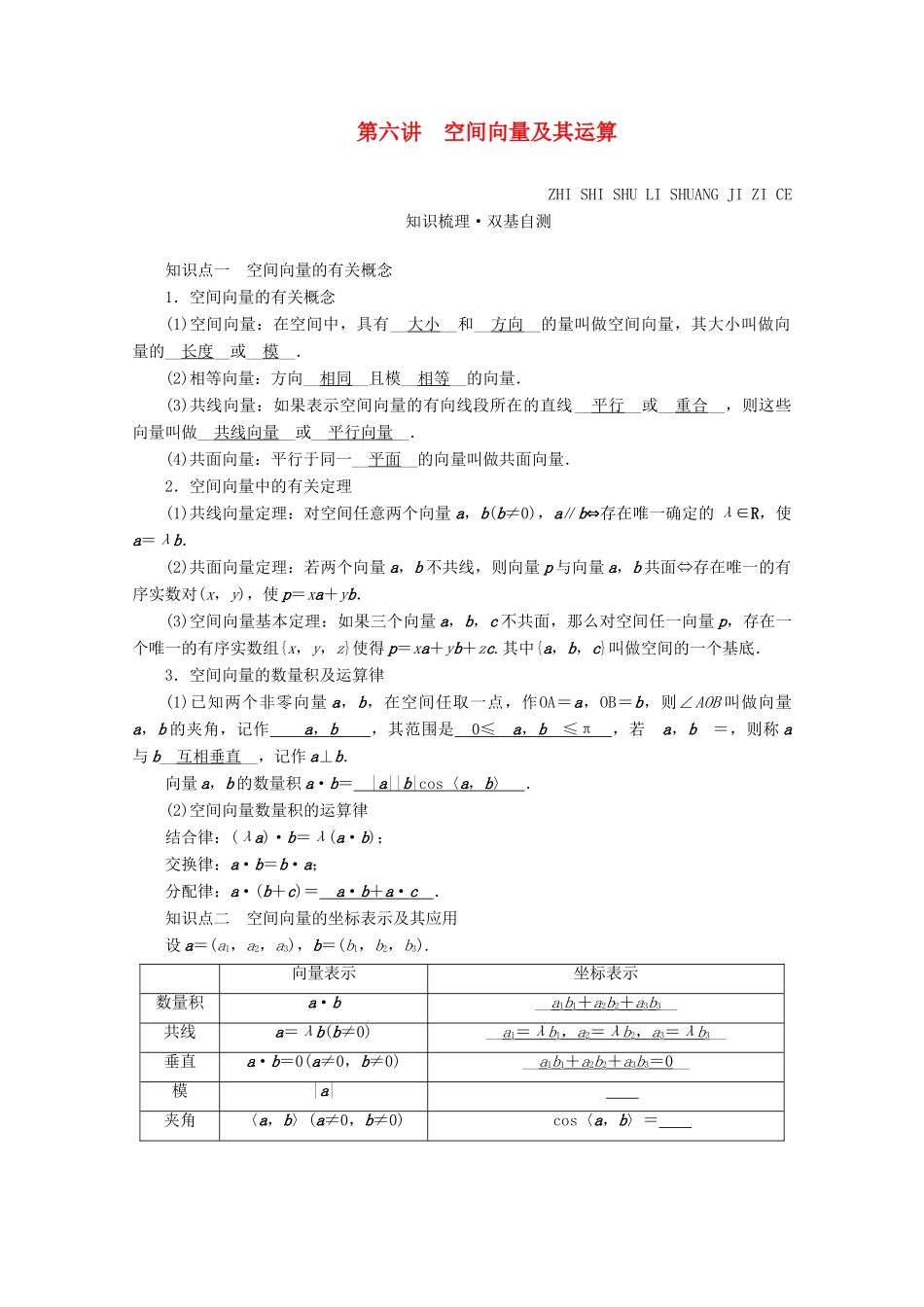 （山东专用）版高考数学一轮复习 第七章 立体几何 第六讲 空间向量及其运算学案（含解析）-人教版高三全册数学学案_第1页