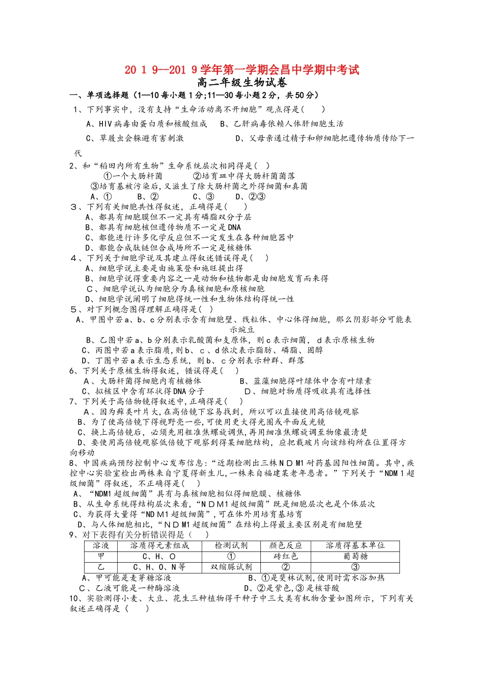 江西省会昌中学高二生物上学期期中试题_第1页