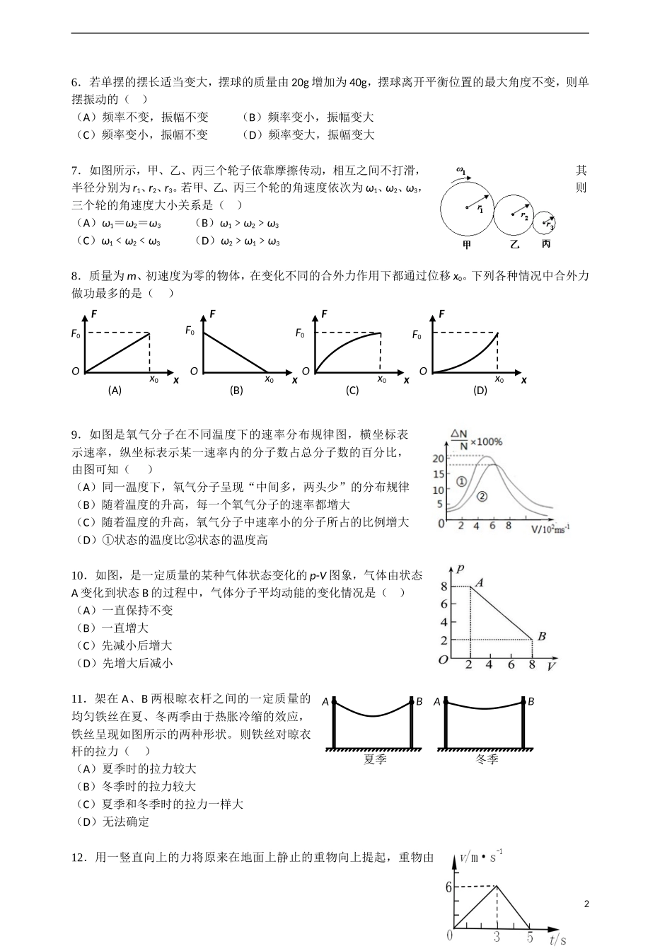 青浦区第一学期高三年级期终学业质量调研测试物理试卷_第2页