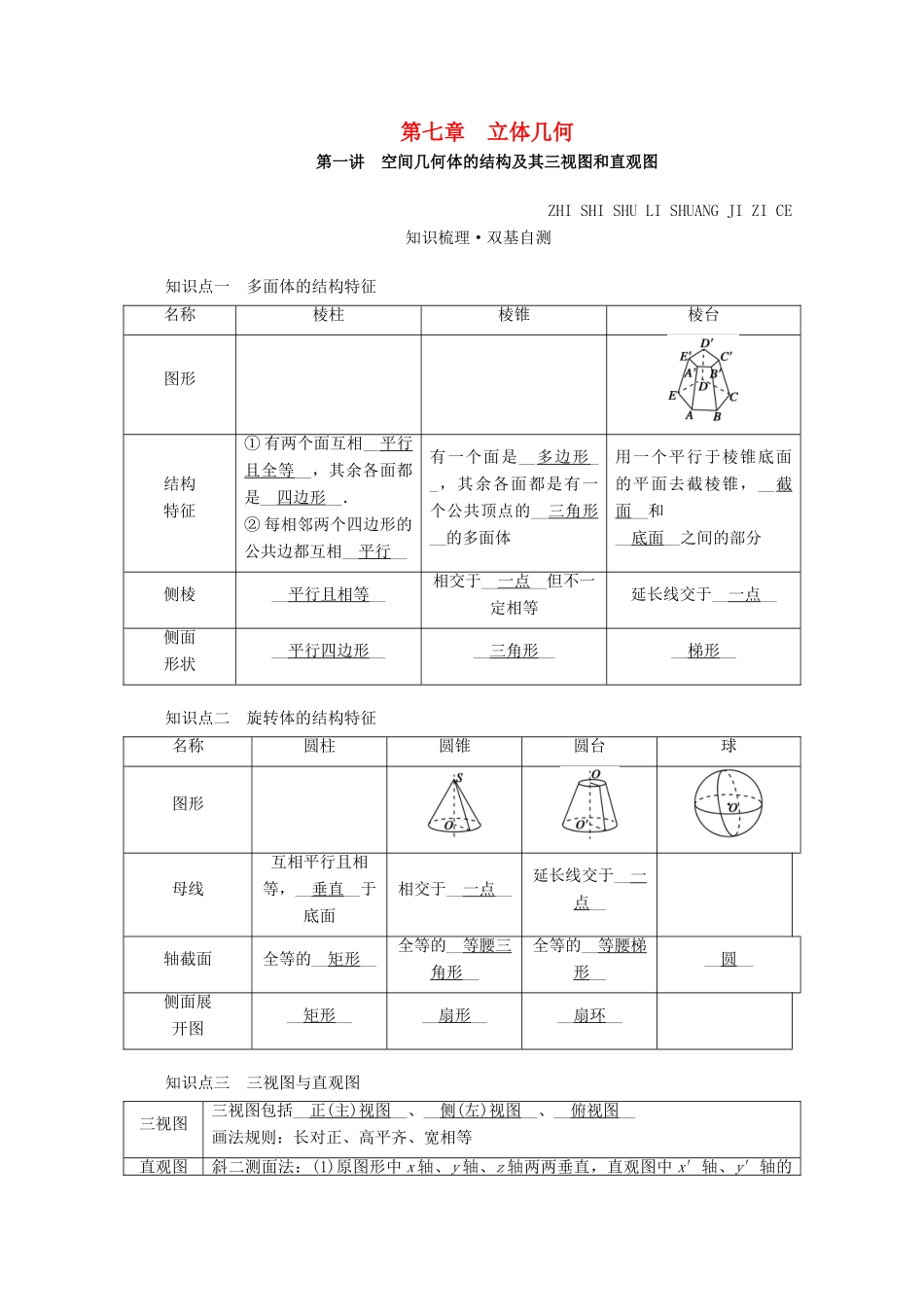 （山东专用）版高考数学一轮复习 第七章 立体几何 第一讲 空间几何体的结构及其三视图和直观图学案（含解析）-人教版高三全册数学学案_第1页