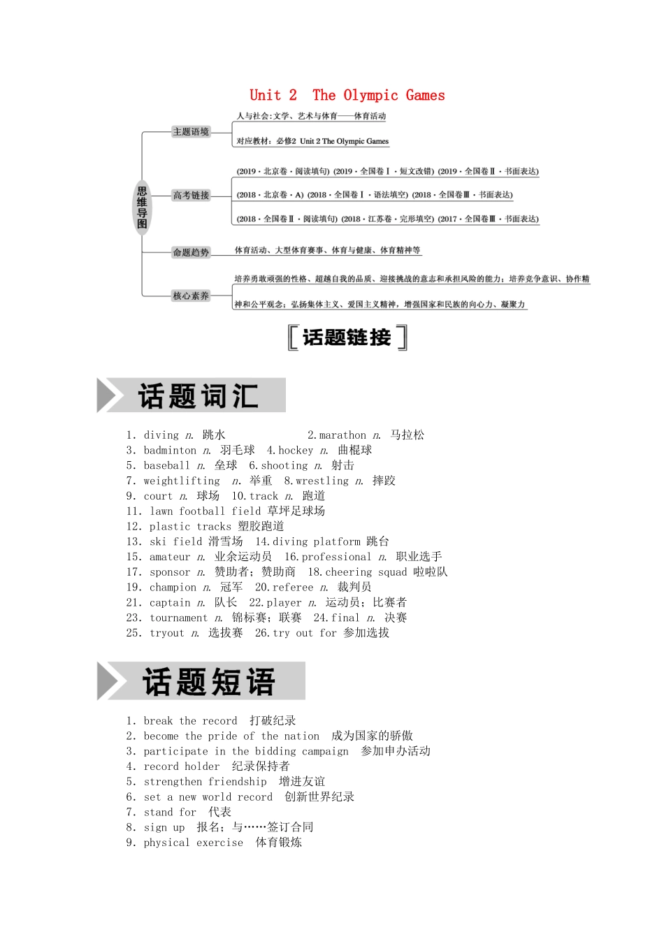 （山东专用）高考英语一轮复习 必修2 Unit 2 The Olympic Games学案（含解析）-人教版高三必修2英语学案_第1页
