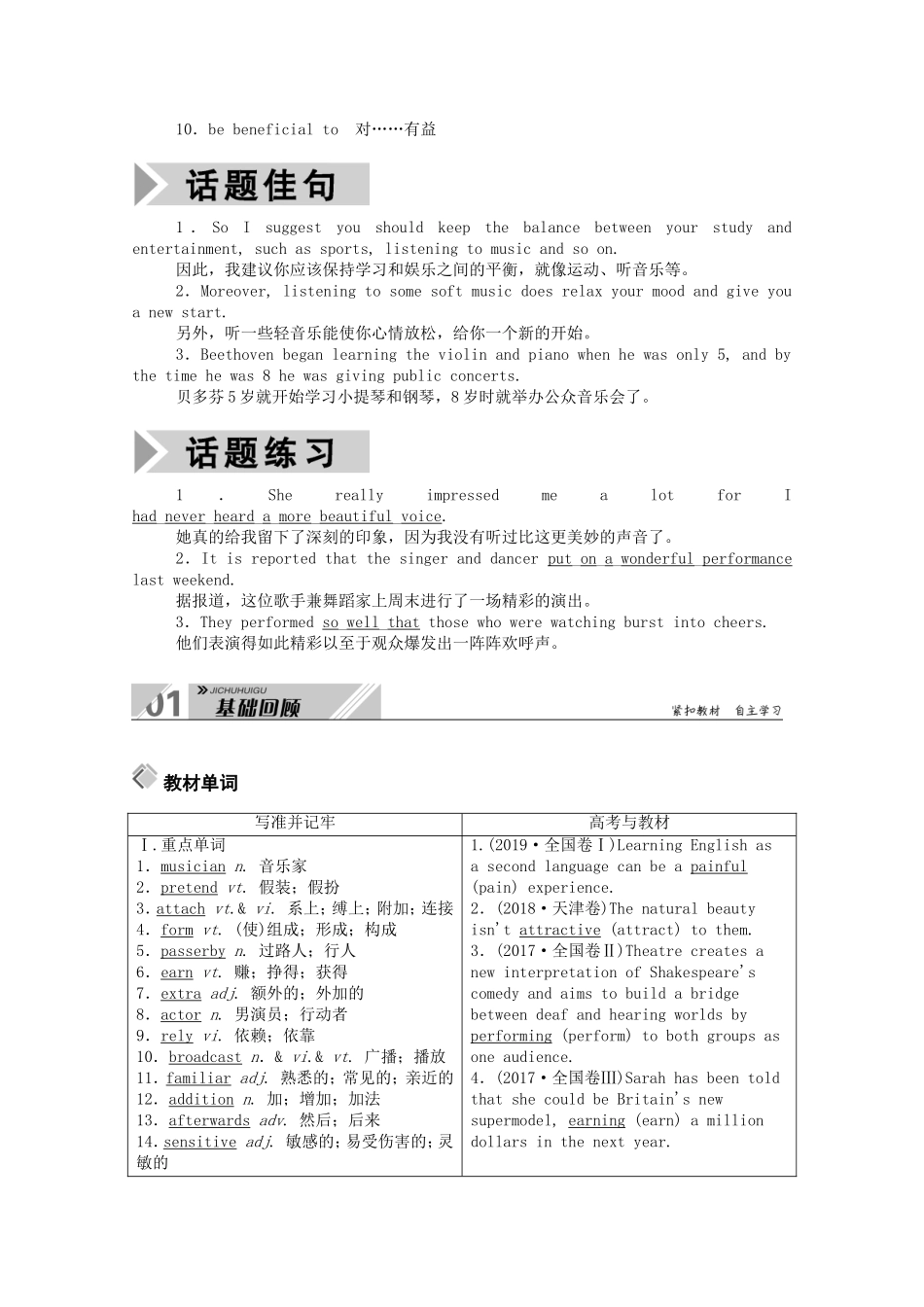 （山东专用）高考英语一轮复习 必修2 Unit 5 Music学案（含解析）-人教版高三必修2英语学案_第2页