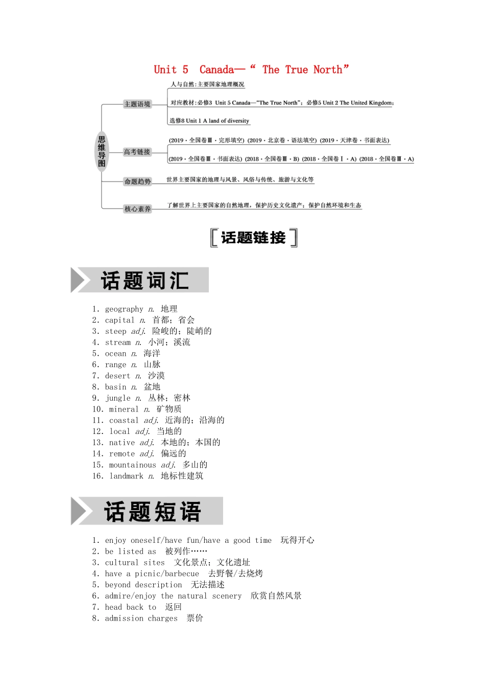 （山东专用）高考英语一轮复习 必修3 Unit 5 Canada—“ The True North”学案（含解析）-人教版高三必修3英语学案_第1页