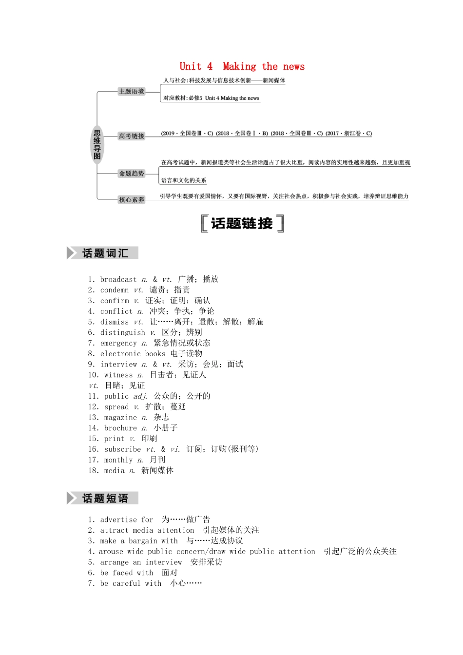 （山东专用）高考英语一轮复习 必修5 Unit 4 Making the news学案（含解析）-人教版高三必修5英语学案_第1页