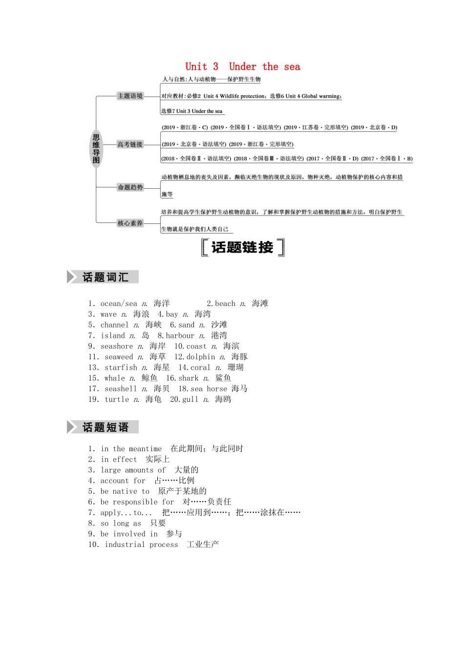 （山东专用）高考英语一轮复习 选修7 Unit 3 Under the sea学案（含解析）-人教版高三选修7英语学案_第1页