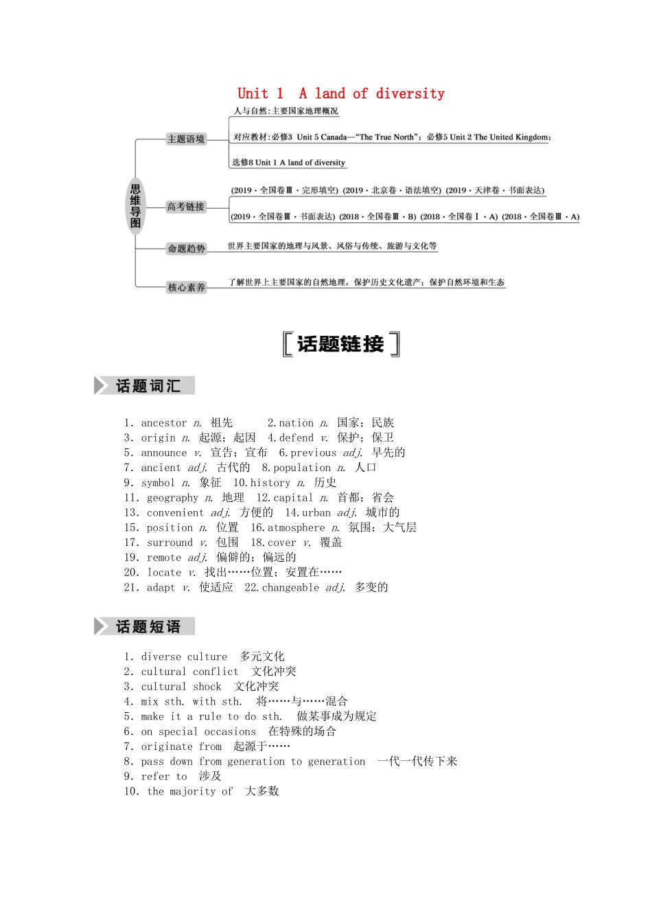 （山东专用）高考英语一轮复习 选修8 Unit 1 A land of diversity学案（含解析）-人教版高三选修8英语学案_第1页