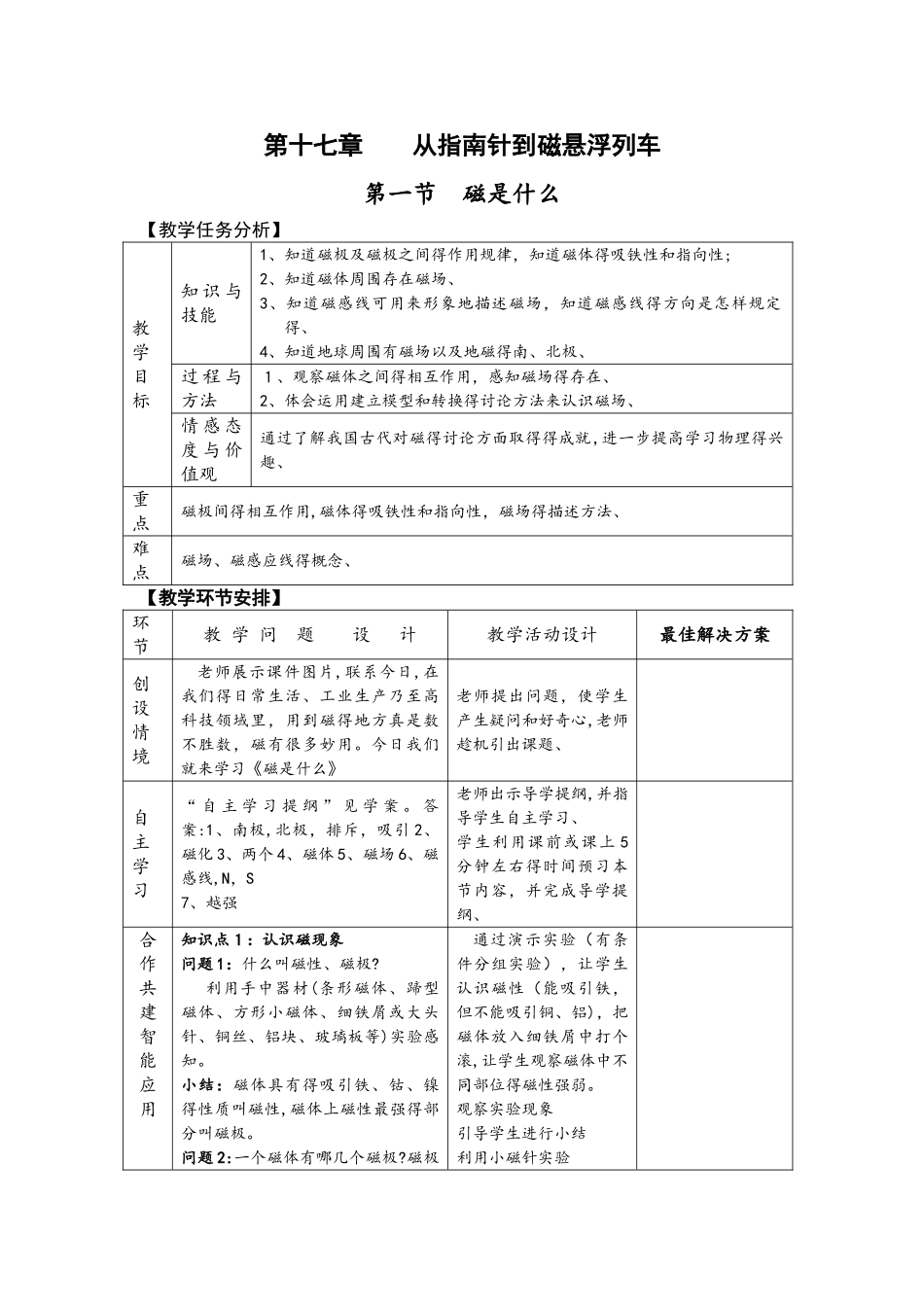 沪科版物理九年级第十七章 第一节 磁是什么 教案_第1页