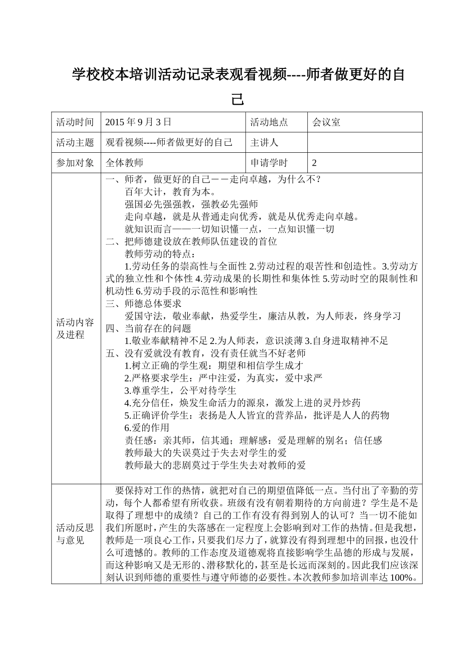 学校校本培训活动记录表观看视频----师者做更好的自己_第1页