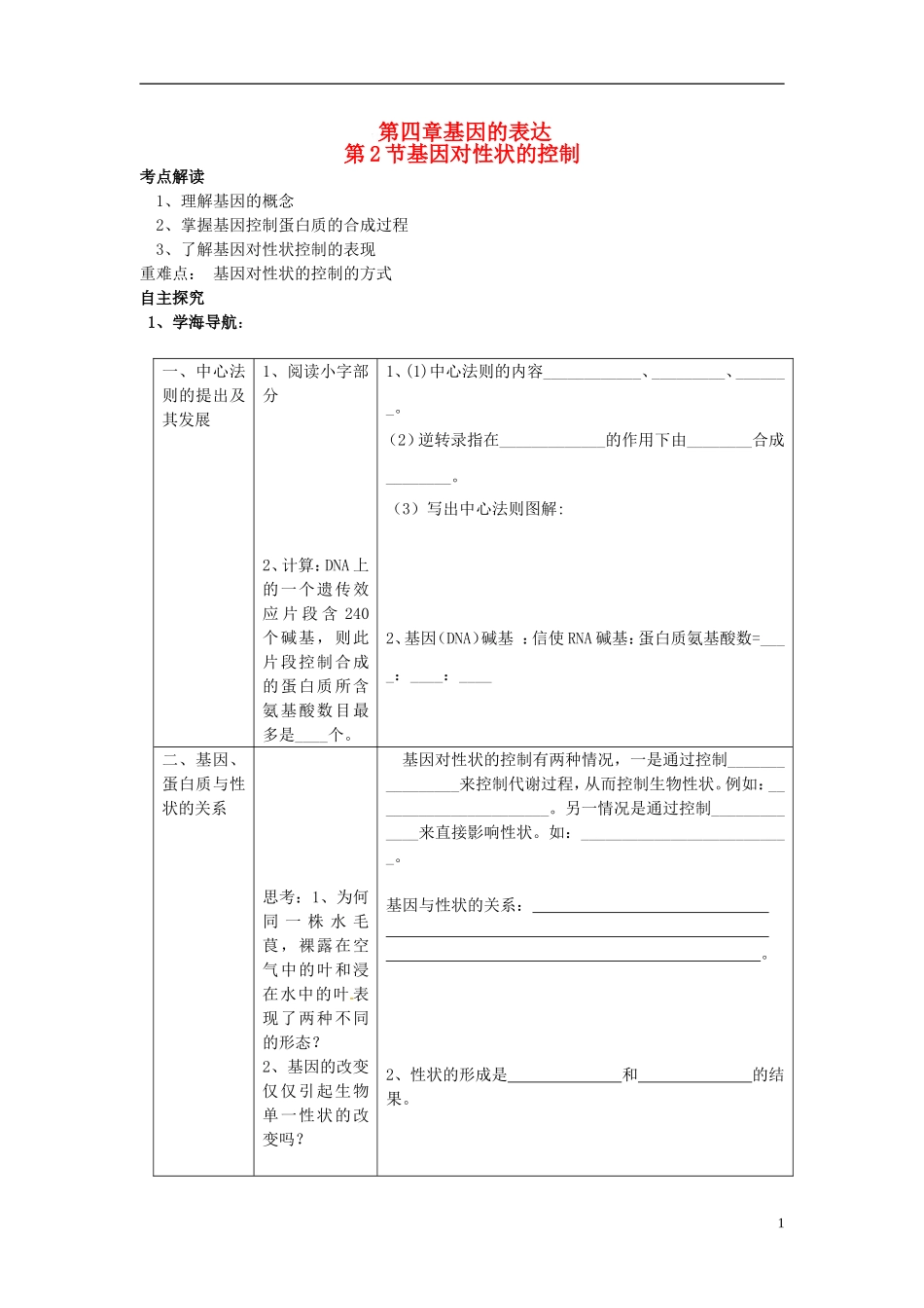 （名师课堂）2013-2014学年高中生物 第4章第2节 基因对性状的控制学案1 新人教版必修2_第1页