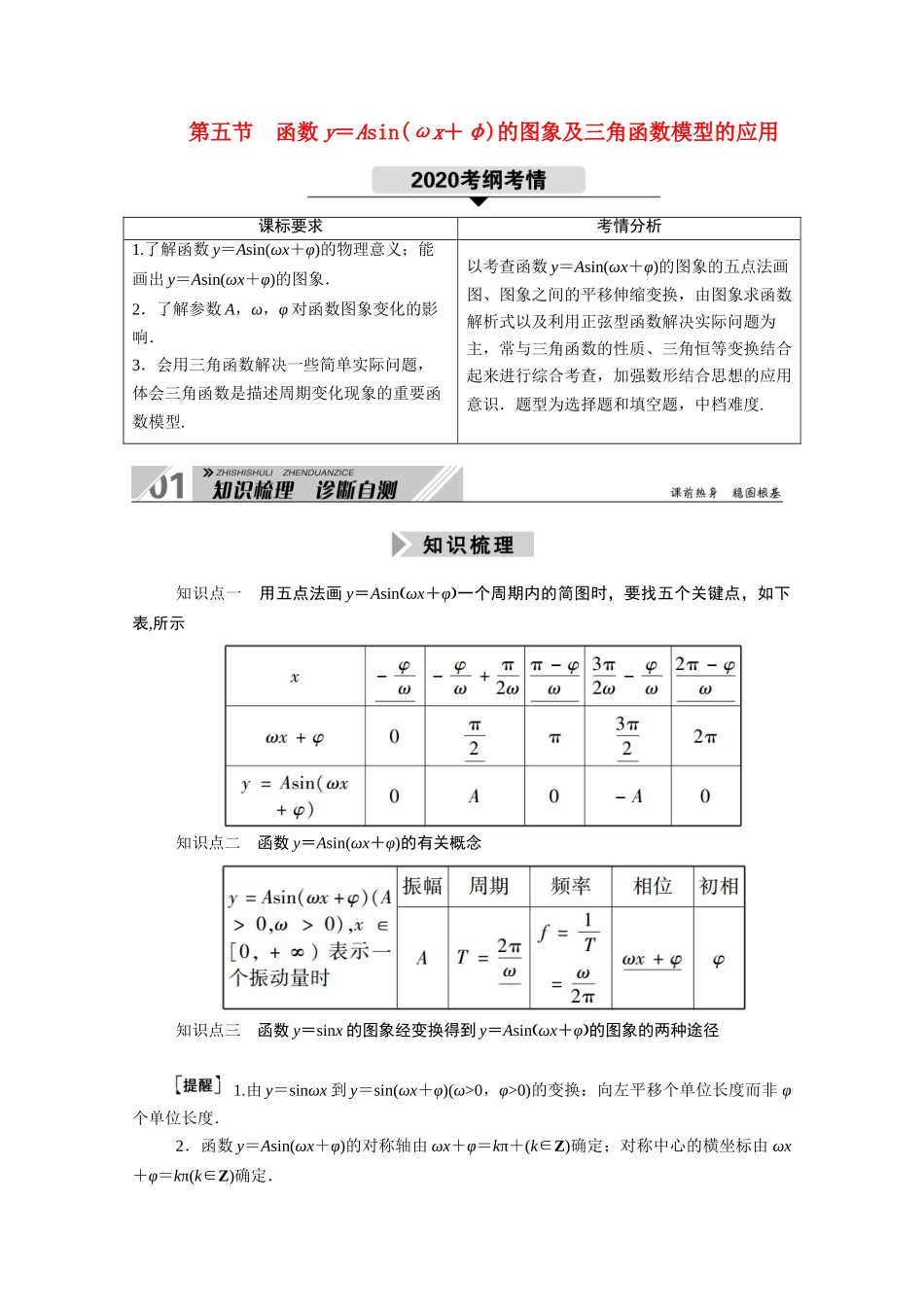 （山东专用）新高考数学一轮复习 第三章 三角函数、解三角形 3.5 函数y＝Asin（ωx＋φ）的图象及三角函数模型的应用学案（含解析）-人教版高三全册数学学案_第1页