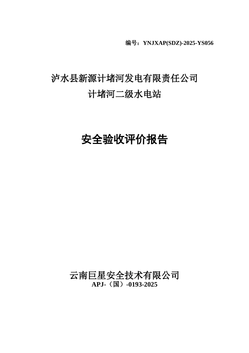 泸水县新源计堵河发电有限责任公司计堵河二级水电站安全验收评价报告本科论文_第1页