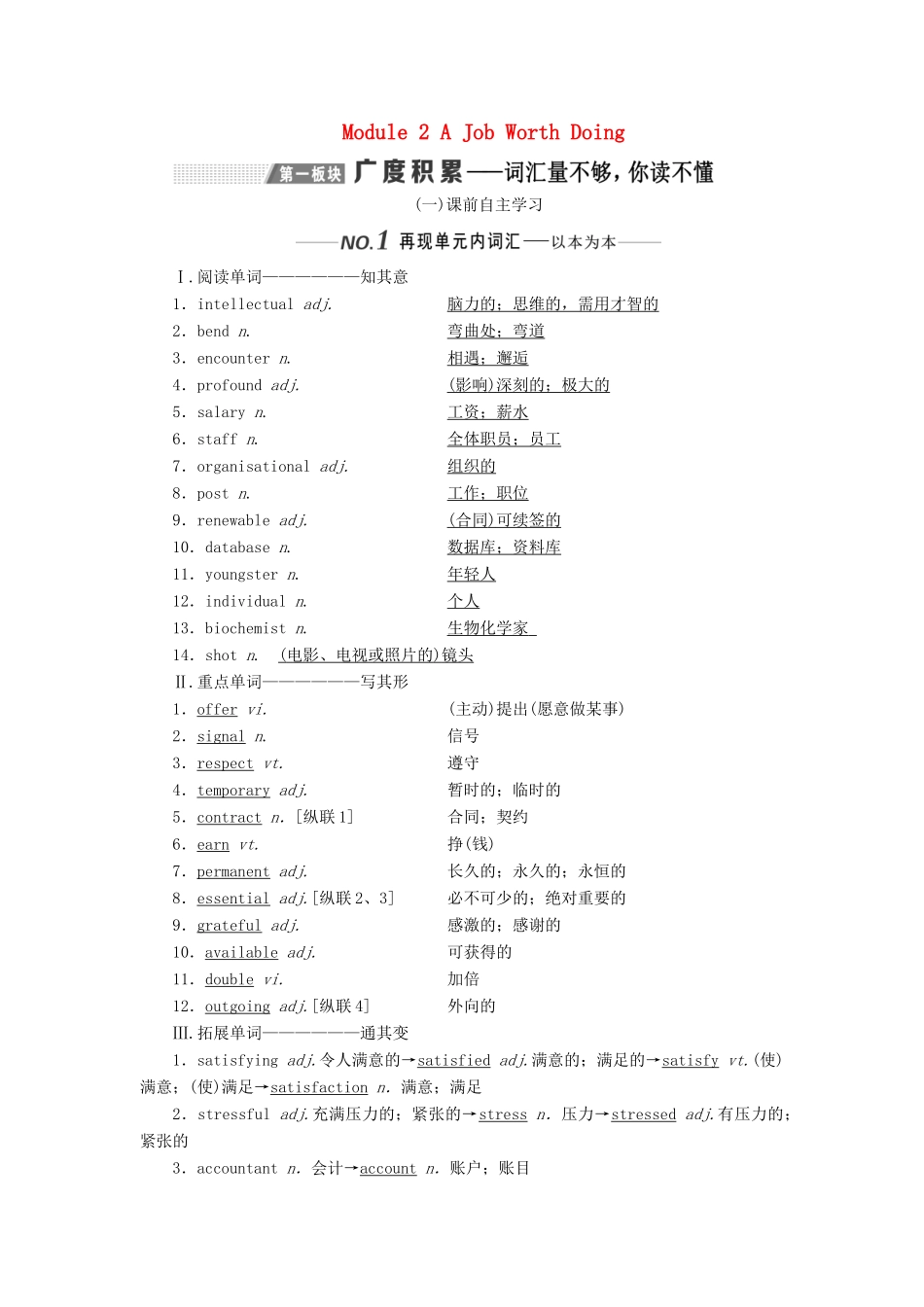 （新课改）高考英语一轮复习 Module 2 A Job Worth Doing学案（含解析）外研版必修5-外研版高三必修5英语学案_第1页