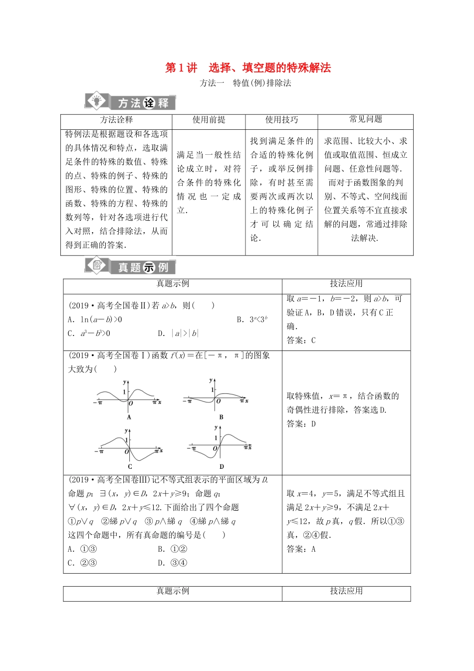（新课标）高考数学二轮复习 第一部分 基础考点 自主练透 第1讲 选择、填空题的特殊解法学案 文 新人教A版-新人教A版高三全册数学学案_第1页
