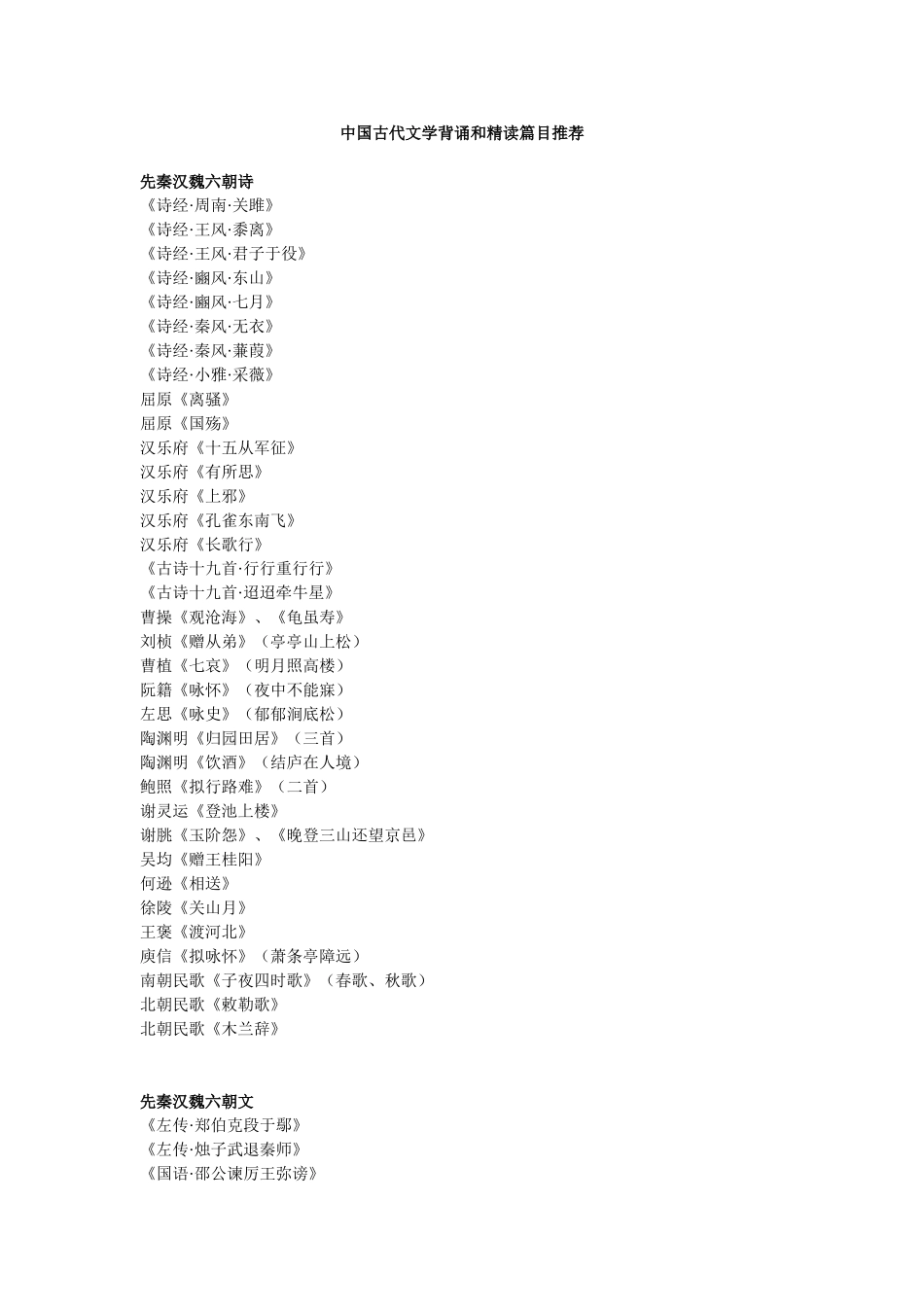 中国古代文学背诵和精读篇目推荐_第1页