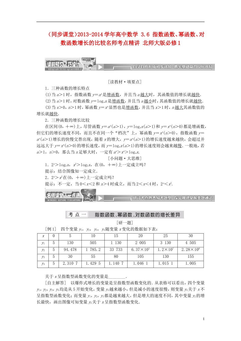 （同步课堂）2013-2014学年高中数学 3.6 指数函数、幂函数、对数函数增长的比较名师考点精讲 北师大版必修1_第1页