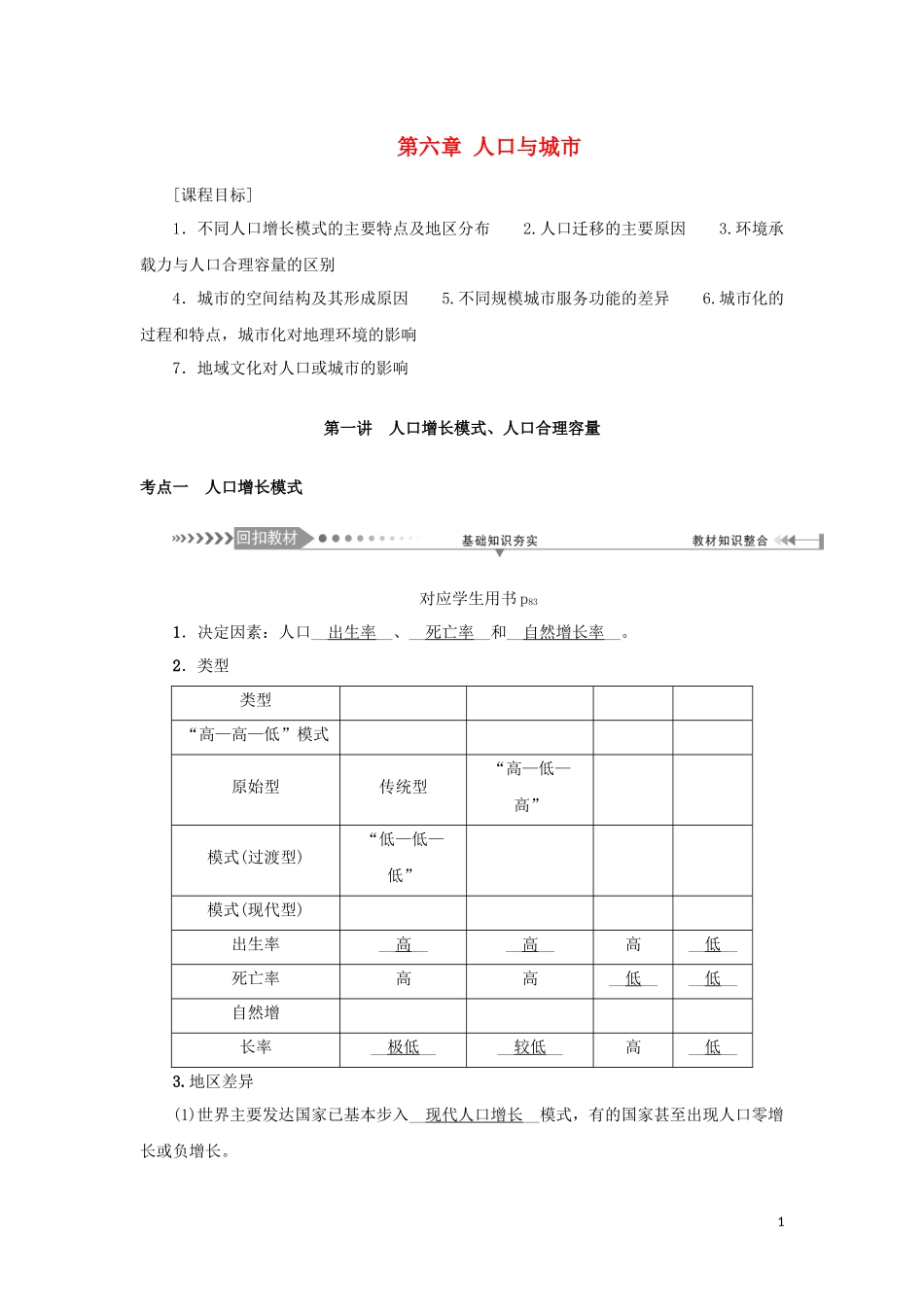 （新课标）高考地理一轮总复习 第六章 人口与城市 第一讲 人口增长模式、人口合理容量教学案-人教版高三全册地理教学案_第1页