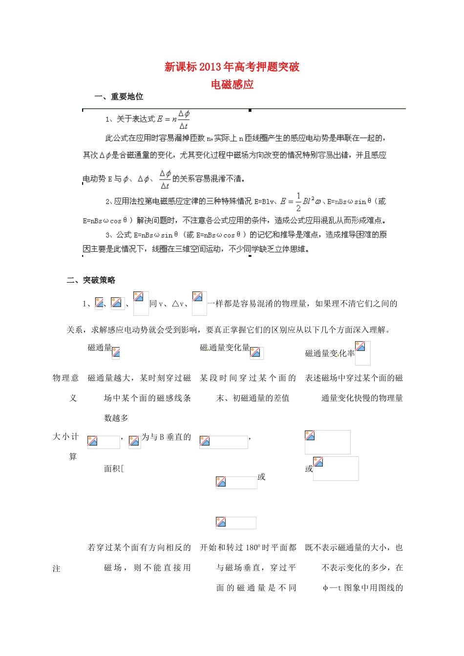 （新课标）2013年高考物理 押题突破（重要地位+突破策略+审题方法+总结归纳）专题四 电磁感应教案_第1页