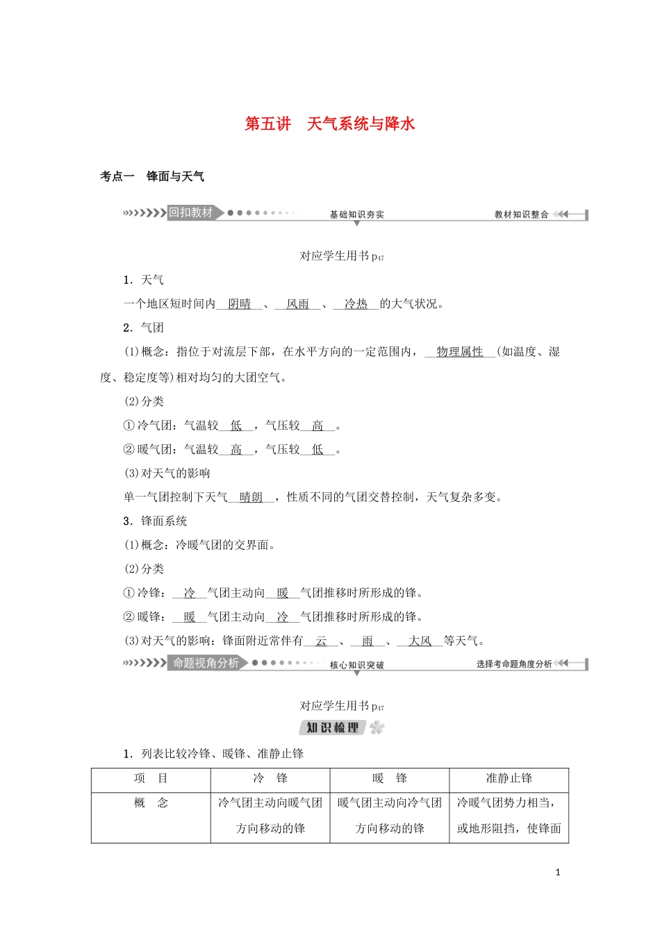 （新课标）高考地理一轮总复习 第三章 自然环境中的物质运动和能量交换 第五讲 天气系统与降水教学案-人教版高三全册地理教学案_第1页