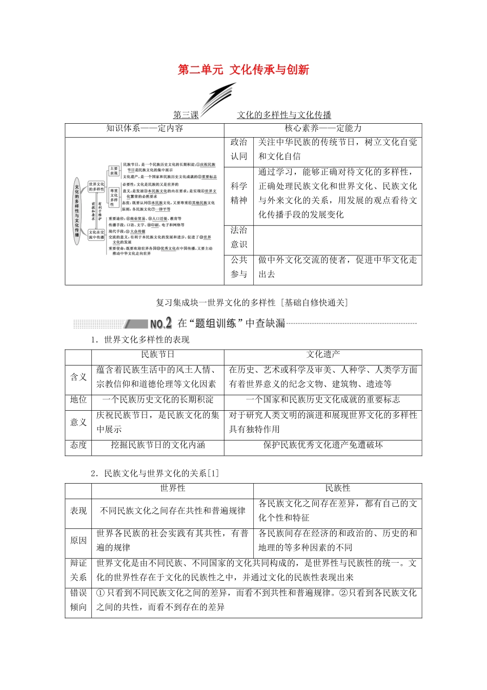 （新课改省份专用）高考政治一轮复习 第三模块 文化与生活 第二单元 文化传承与创新 第三课 文化的多样性与文化传播讲义（含解析）-人教版高三全册政治学案_第1页