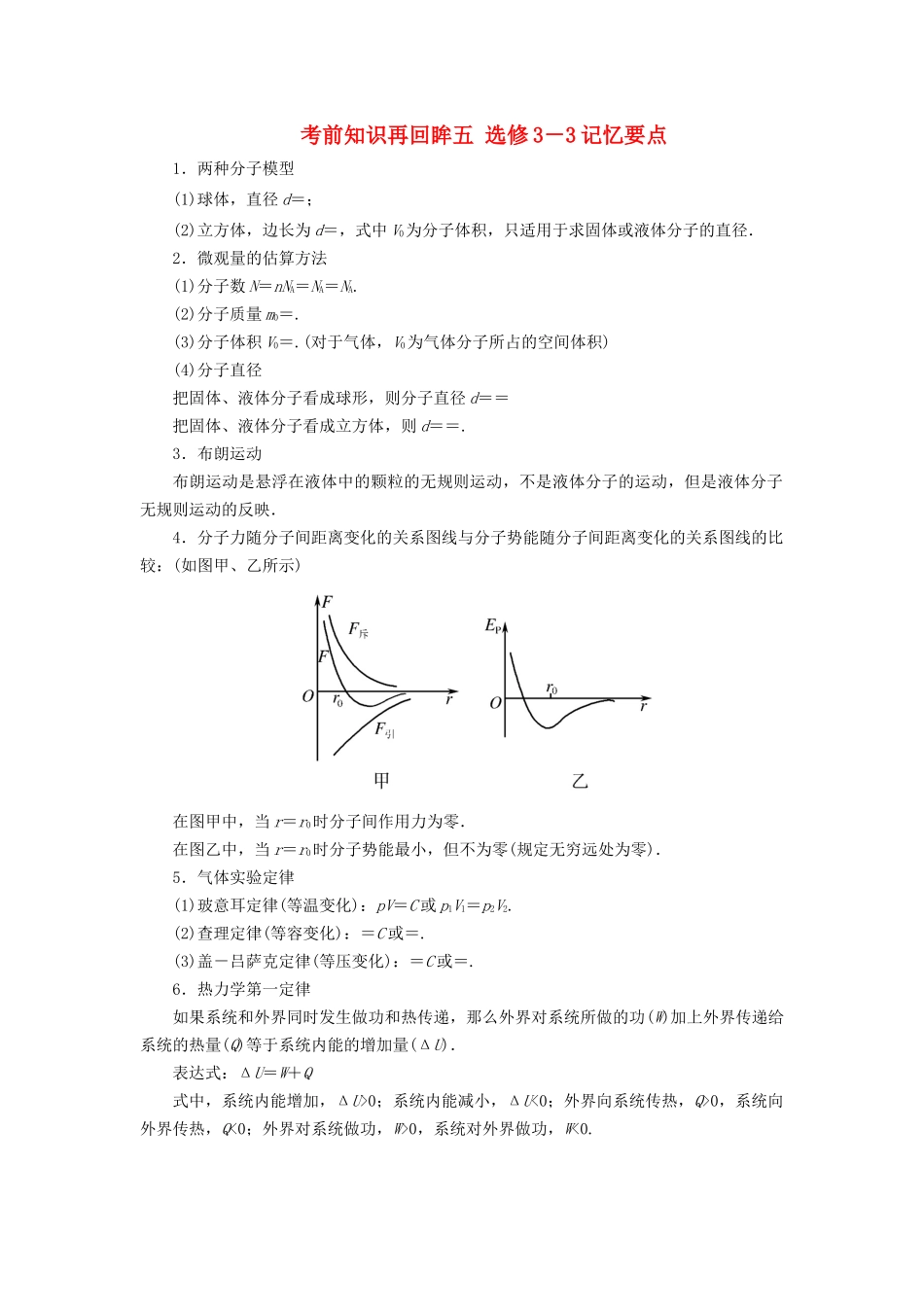 （新课标）高考物理大二轮复习 考前知识再回眸五 选修3-3记忆要点教学案-人教版高三选修3-3物理教学案_第1页