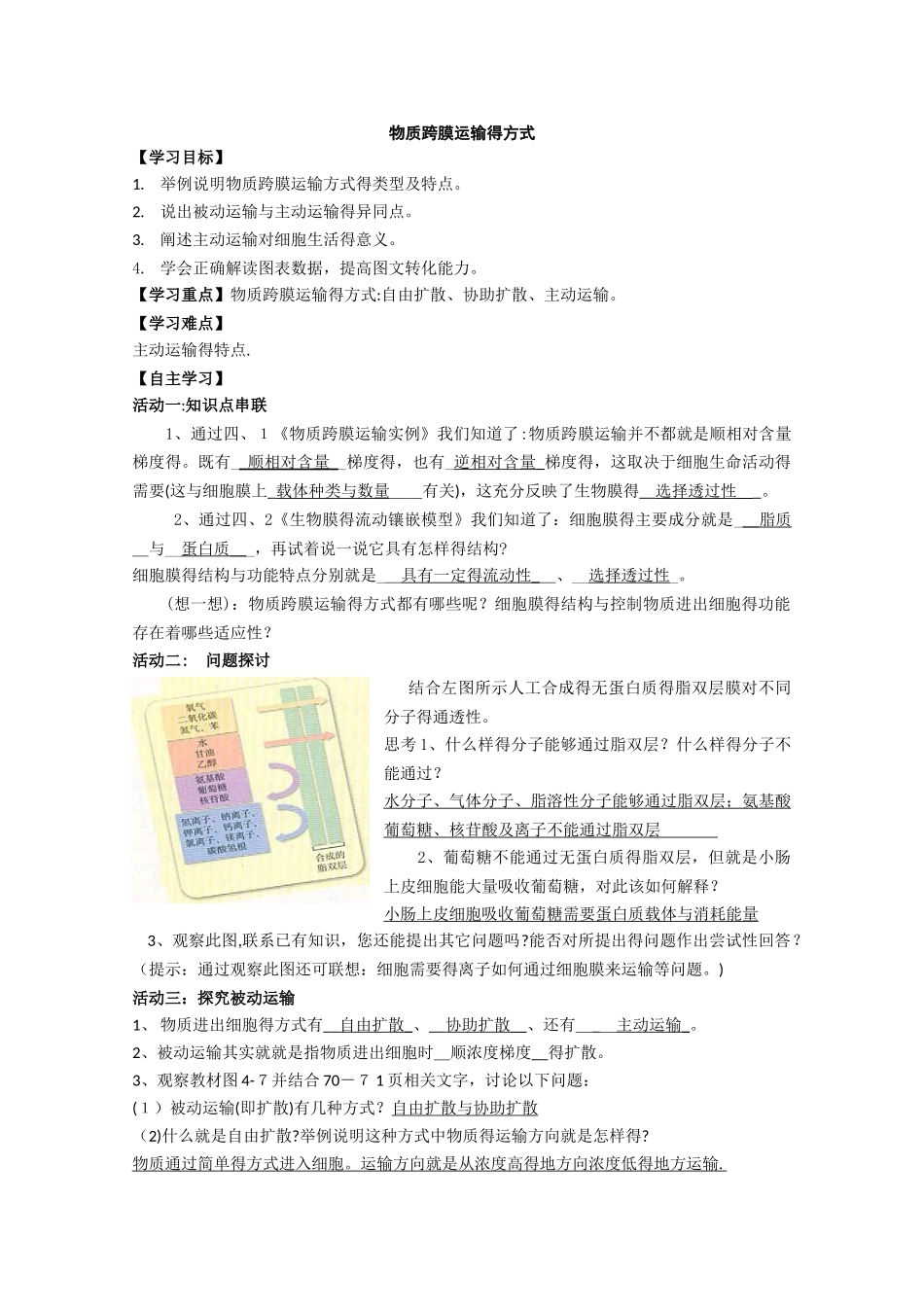 湖南省万和实验学校高中生物必修一《物质跨膜运输的方式》学案_第1页