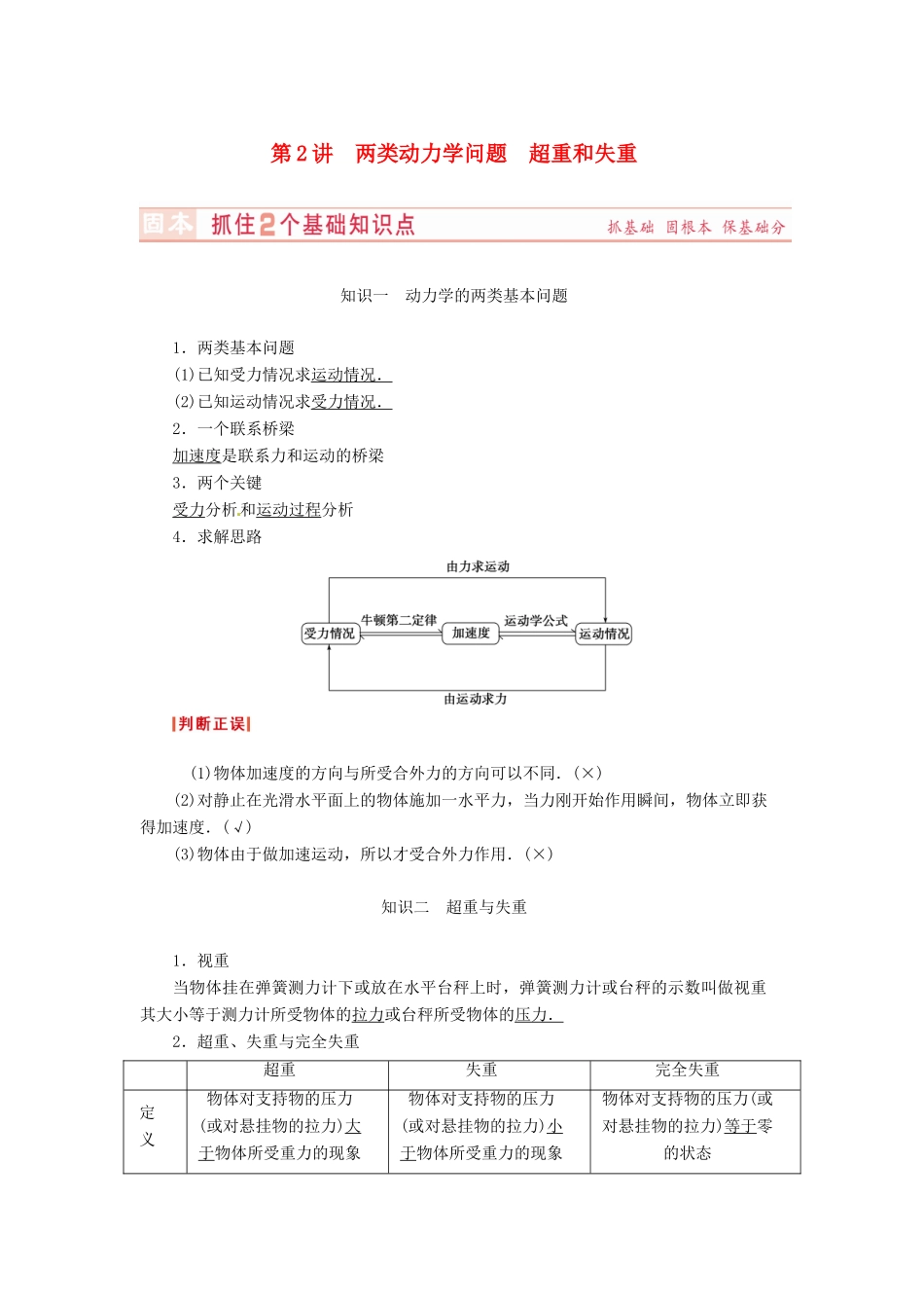 （新课标）河南省2015高考物理总复习讲义 第3章 第2讲 两类动力学问题 超重和失重_第1页