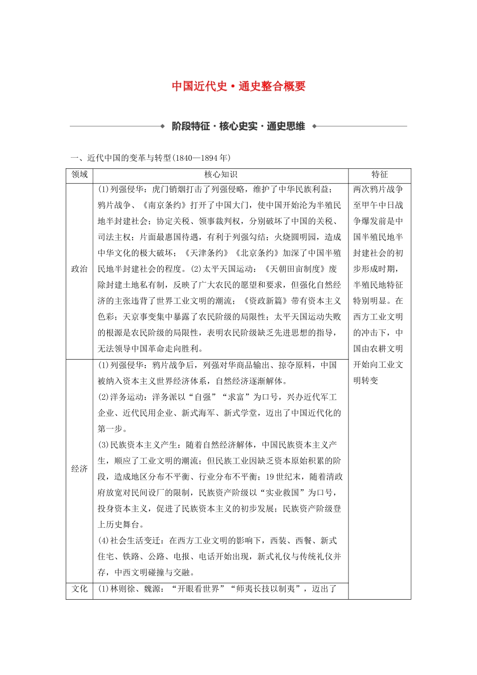 （新课标）高考历史大二轮复习 第二单元 中国近代史 通史整合概要学案 新人教版-新人教版高三全册历史学案_第1页