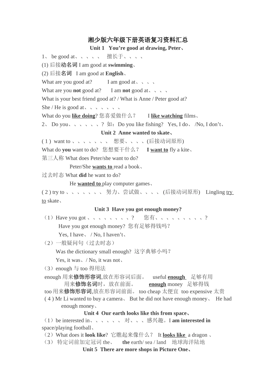 湘少版六年级下册英语复习资料汇总_第1页