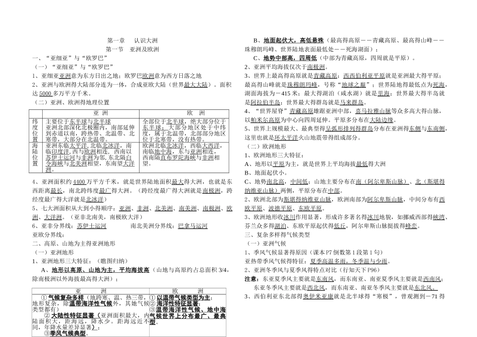 湘教版七年级地理下册亚洲及欧洲知识总汇_第1页