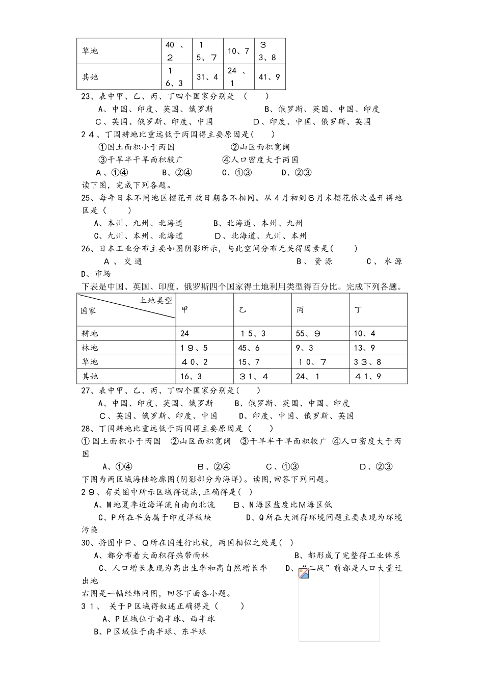 滁州中学高三年级部世界地理练习卷_第3页