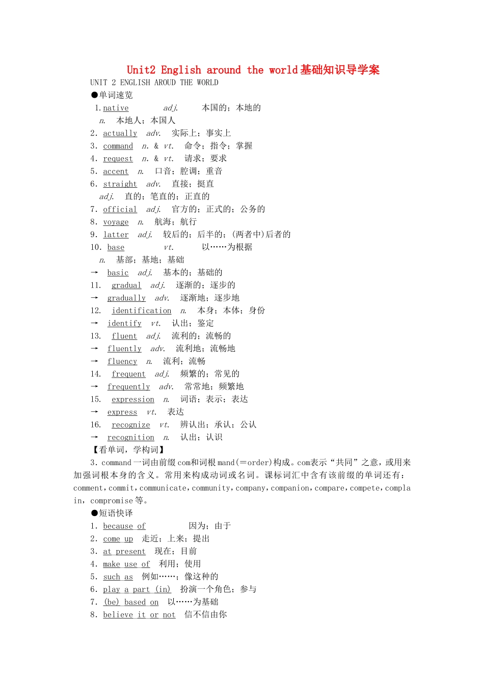 （新课标）高考英语一轮复习 Unit2 English around the world基础知识导学案人教版必修1-人教版高三必修1英语学案_第1页