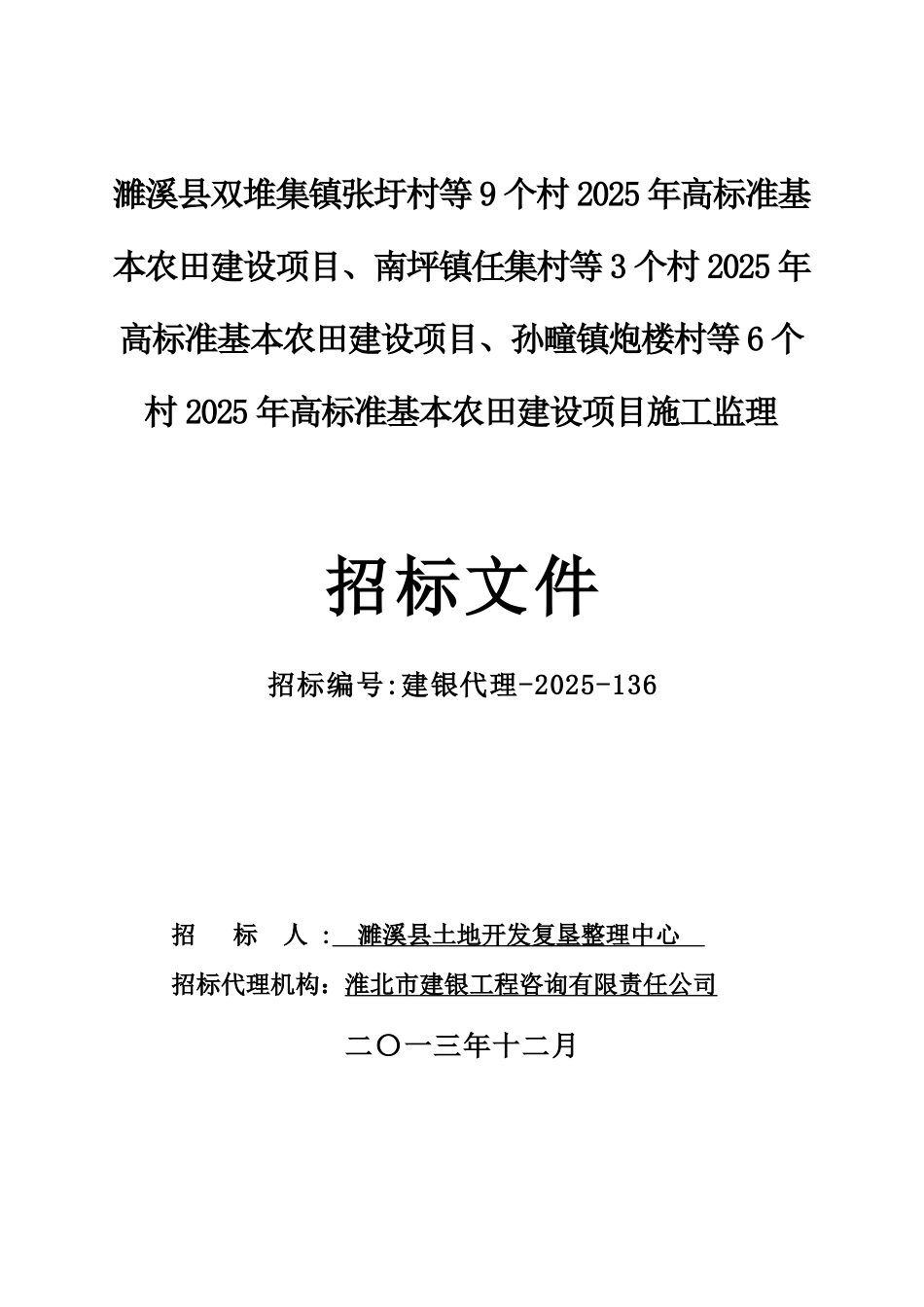 濉溪县双堆集镇张圩村等9个村2025年高标准基本农田建设项目招标文件_第1页