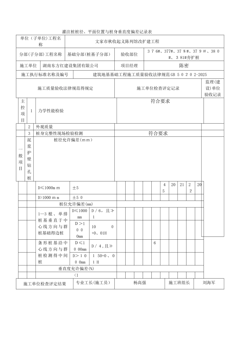 灌注桩桩径、平面位置和桩身垂直度偏差记录表_第1页