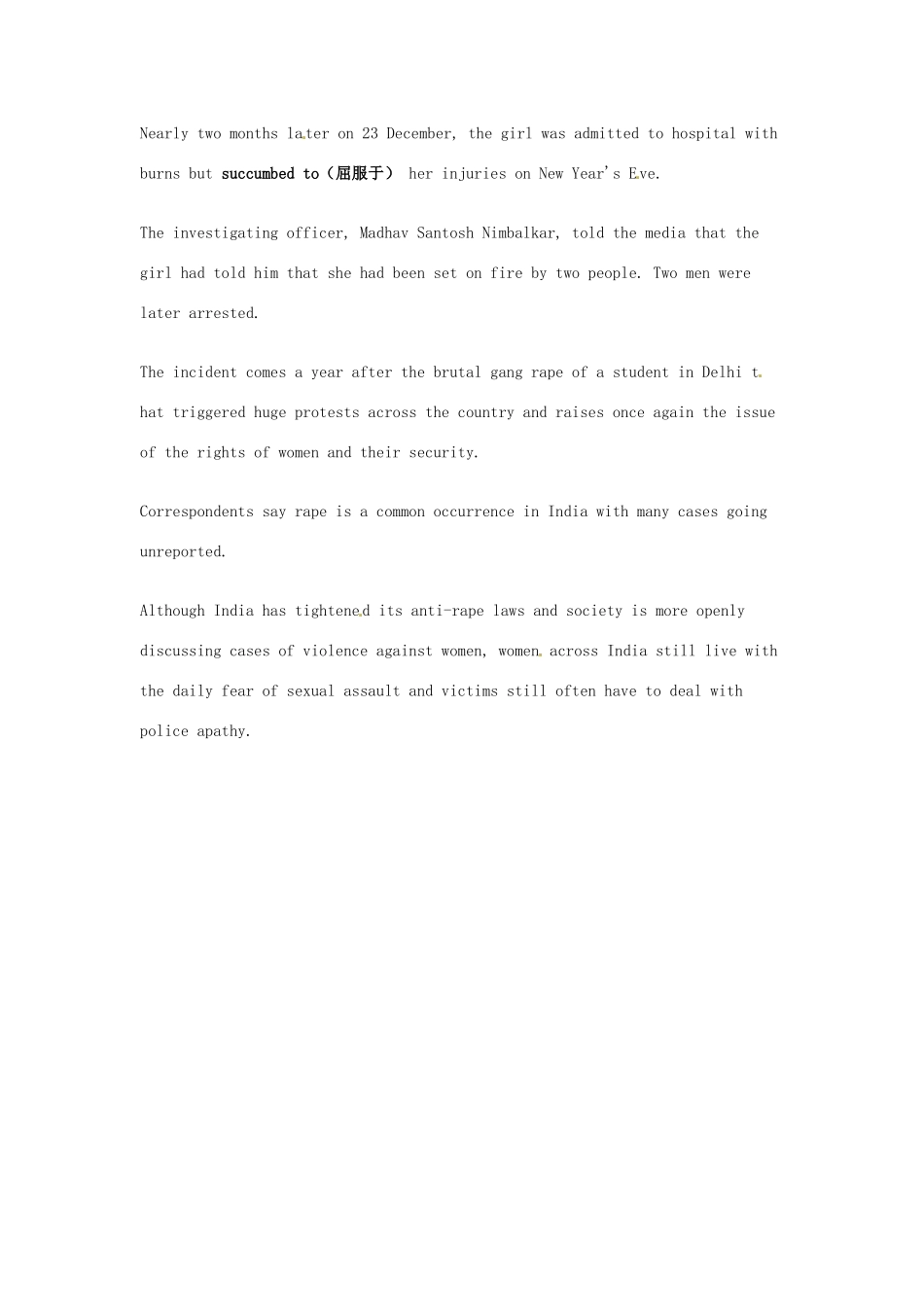 （每日一读）2014年1月高考英语考前突破 阅读理解能力 社会生活 16岁印度女孩遭轮奸后被烧死_第2页