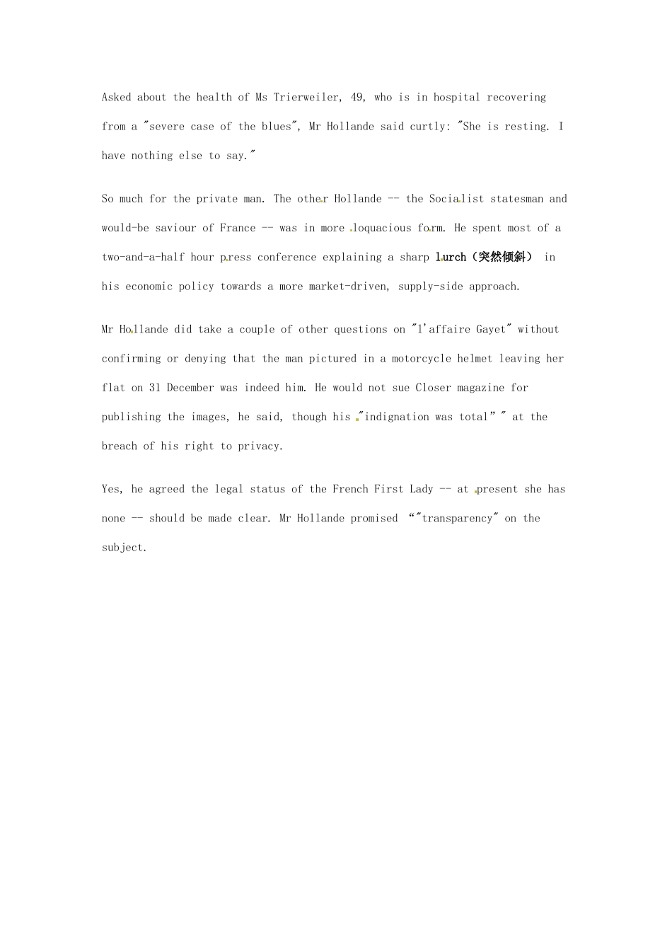 （每日一读）2014年1月高考英语考前突破 阅读理解能力 社会生活 法国总统奥朗德近日三角恋丑闻缠身_第2页