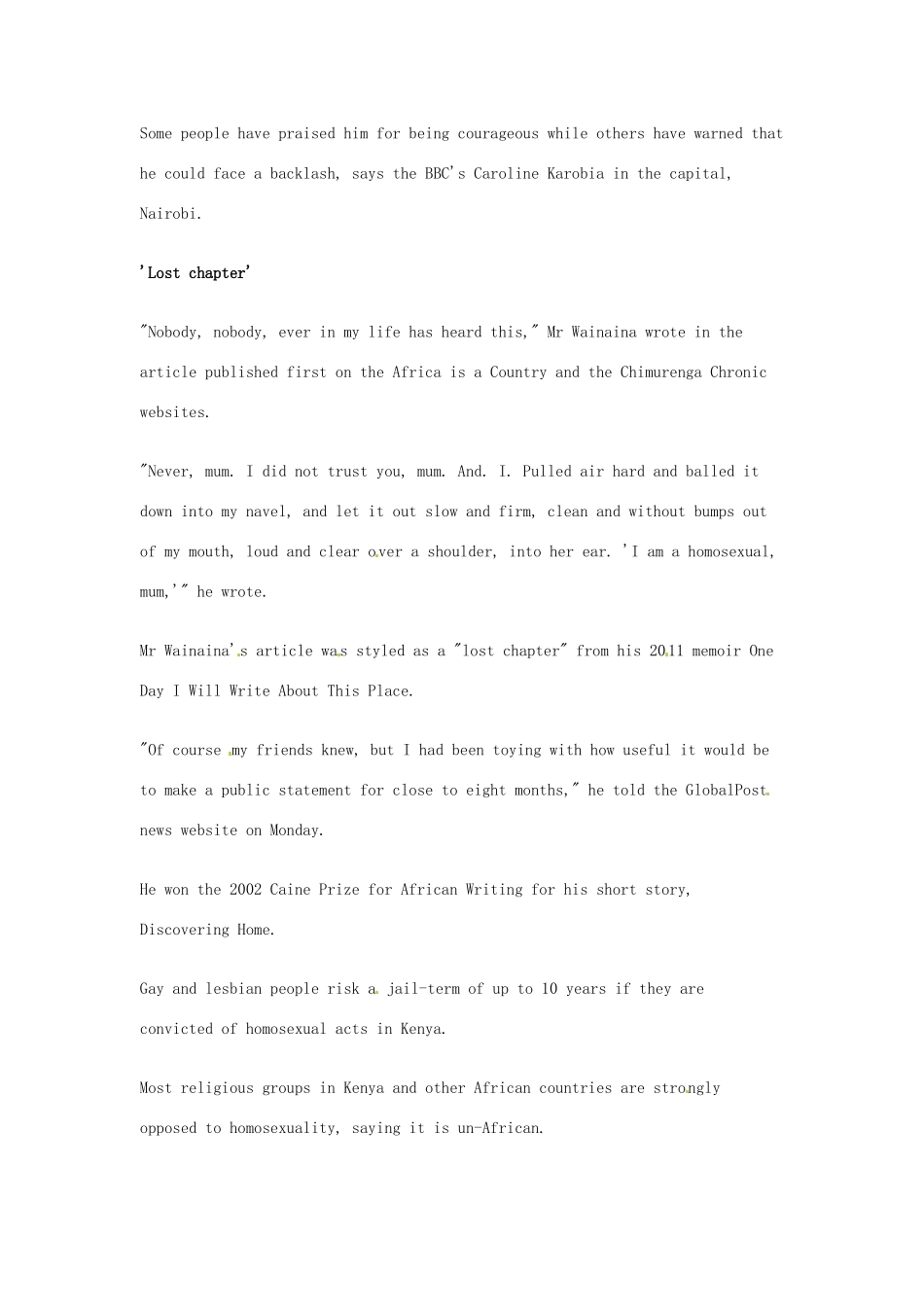 （每日一读）2014年1月高考英语考前突破 阅读理解能力 社会生活 肯尼亚作家瓦奈纳出柜_第2页