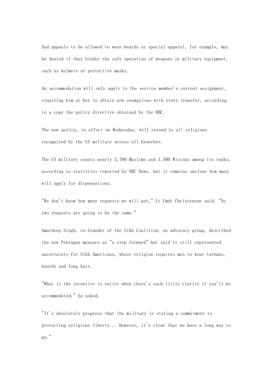 （每日一读）2014年1月高考英语考前突破 阅读理解能力 社会生活 美国军方降低着装标准_第2页