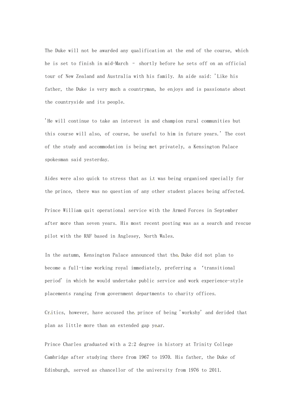 （每日一读）2014年1月高考英语考前突破 阅读理解能力 社会生活 威廉王子将学习农业管理课程_第2页