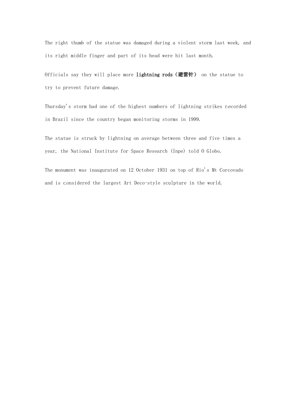 （每日一读）2014年1月高考英语考前突破 阅读理解能力 文化教育 巴西着手维修受损的基督救世主雕像_第2页