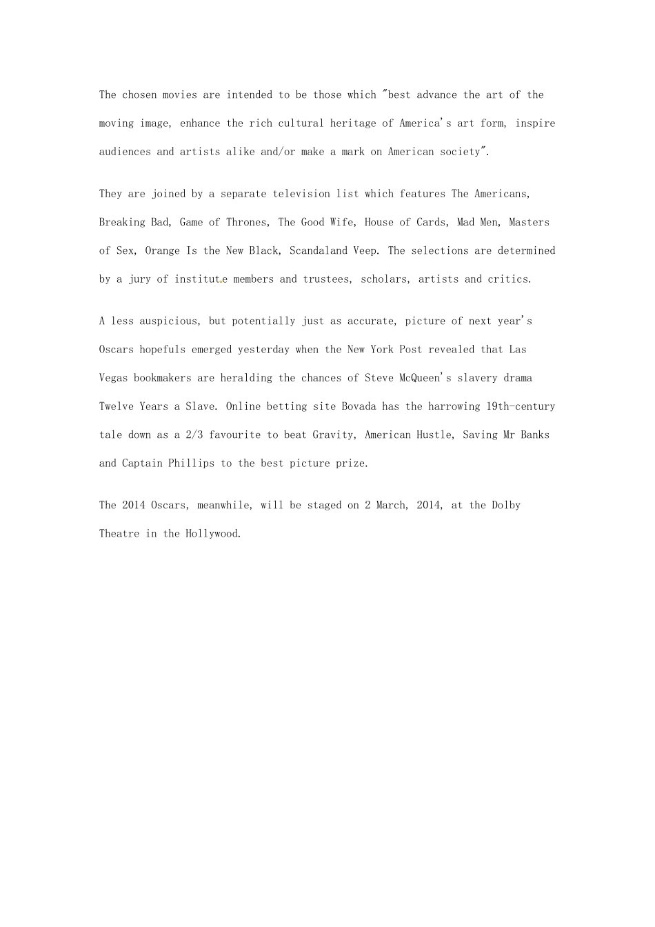 （每日一读）2014年1月高考英语考前突破 阅读理解能力 文化教育 美国电影学院提名2013十佳电影_第3页