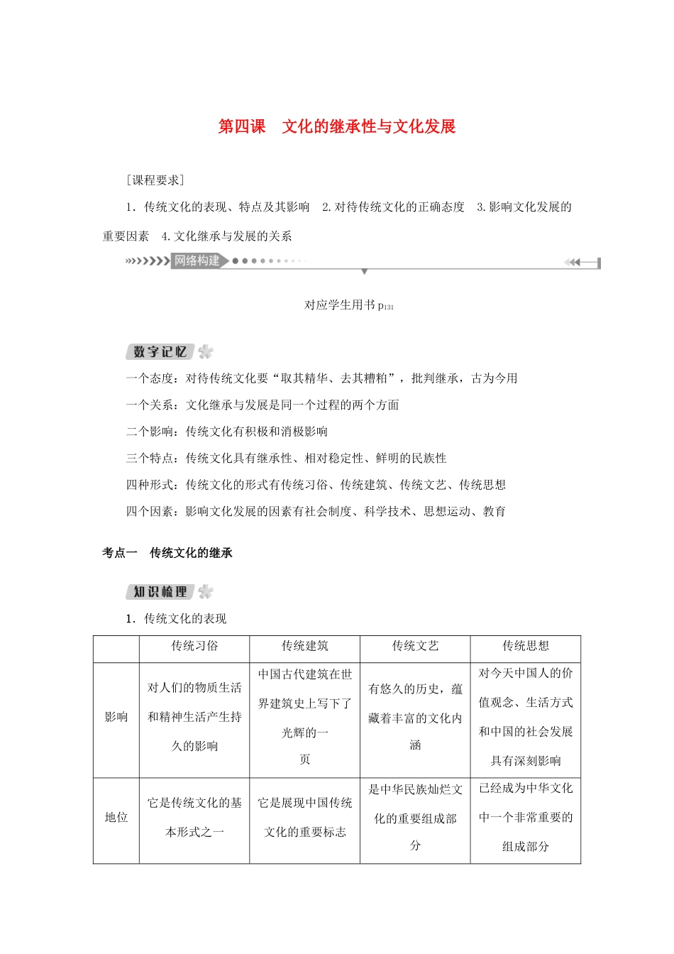 （新课标）高考政治一轮总复习 第二单元 文化传承与创新 第四课 文化的继承性与文化发展导学案 新人教版必修3-新人教版高三必修3政治学案_第1页