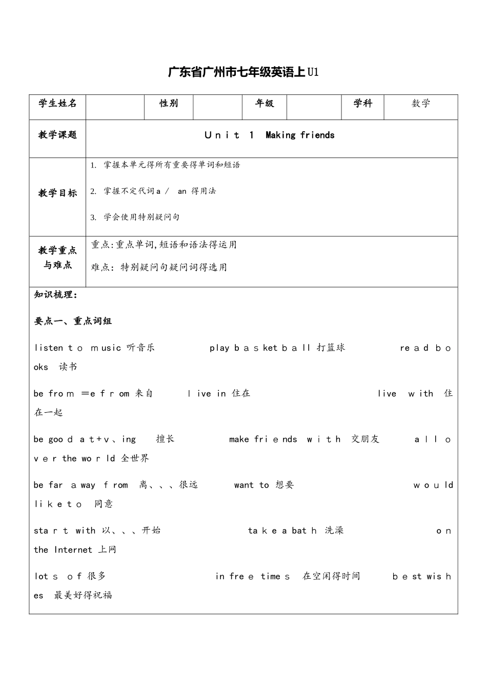 牛津译林版七年级上册英语Unit 1 教案_第1页